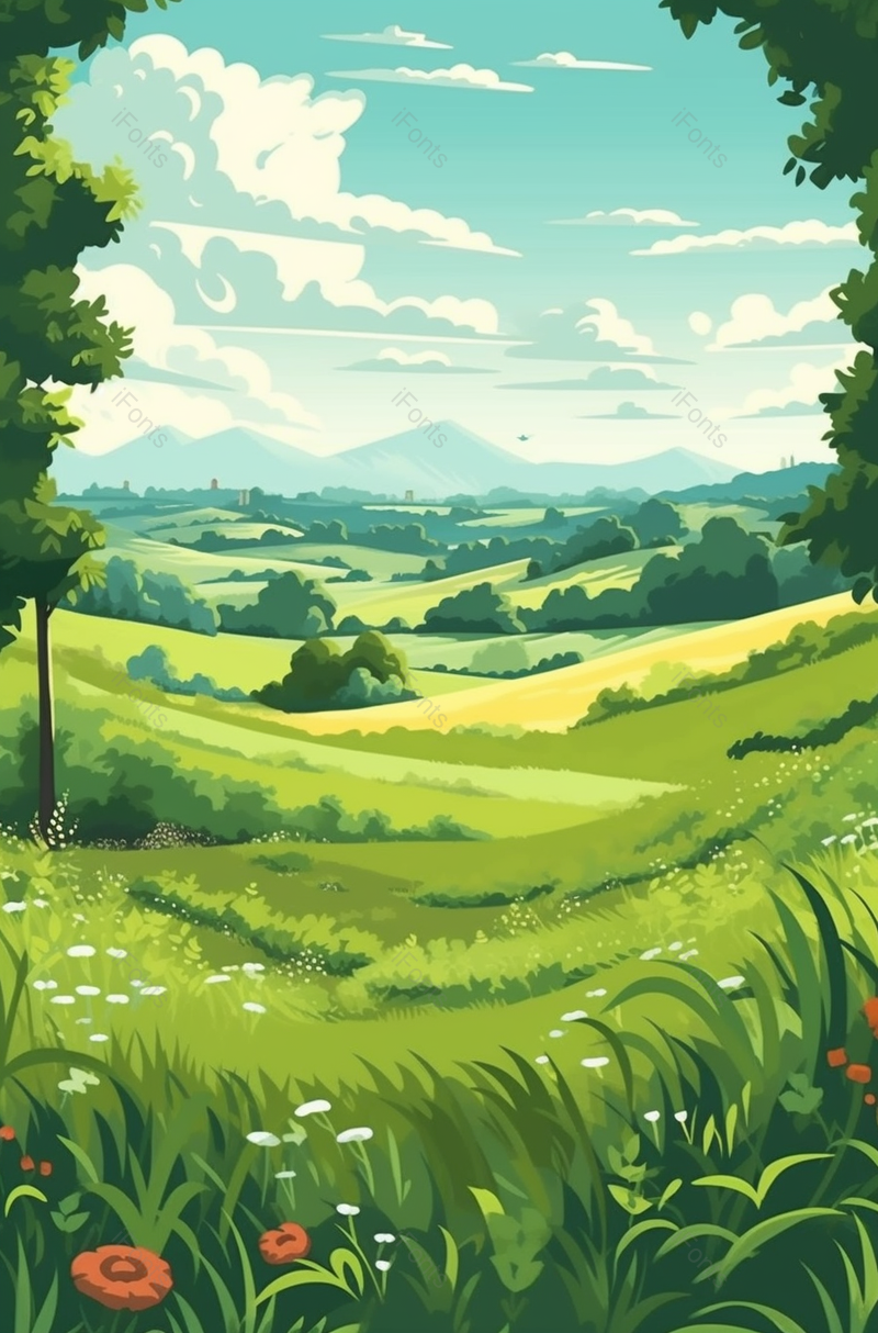 二十四节气小满节气户外草地树木蓝天白云春季夏季卡通绿色竖版插画,插画/手绘图,插画/手绘图库,插画/手绘图下载,插画/手绘